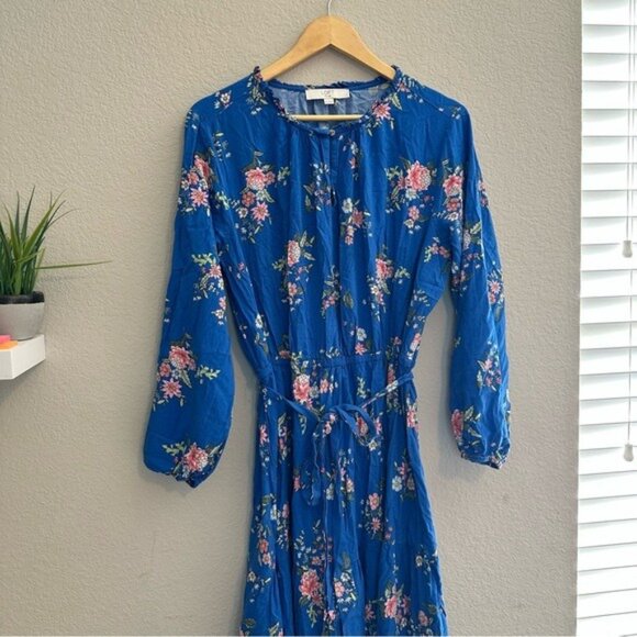 LOFT Floral Tiered Maxi Dress | Blue Boho Romantic | Plus Size 18 Long Sleeve - Picture 5 of 13